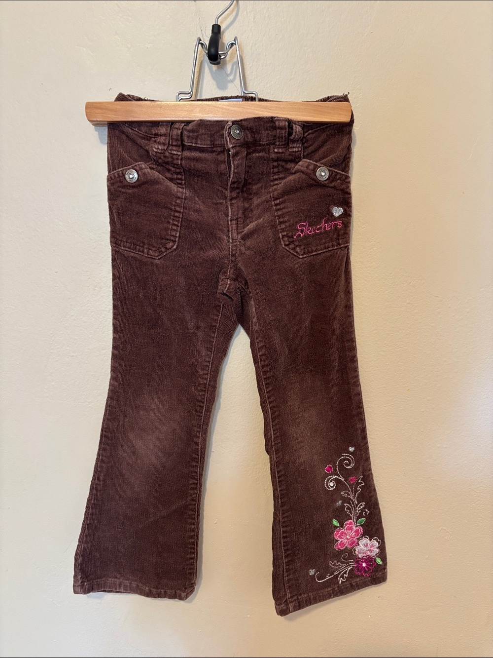 Skechers Brown Corduroy Girls' Pants with Pink Floral Embroidery